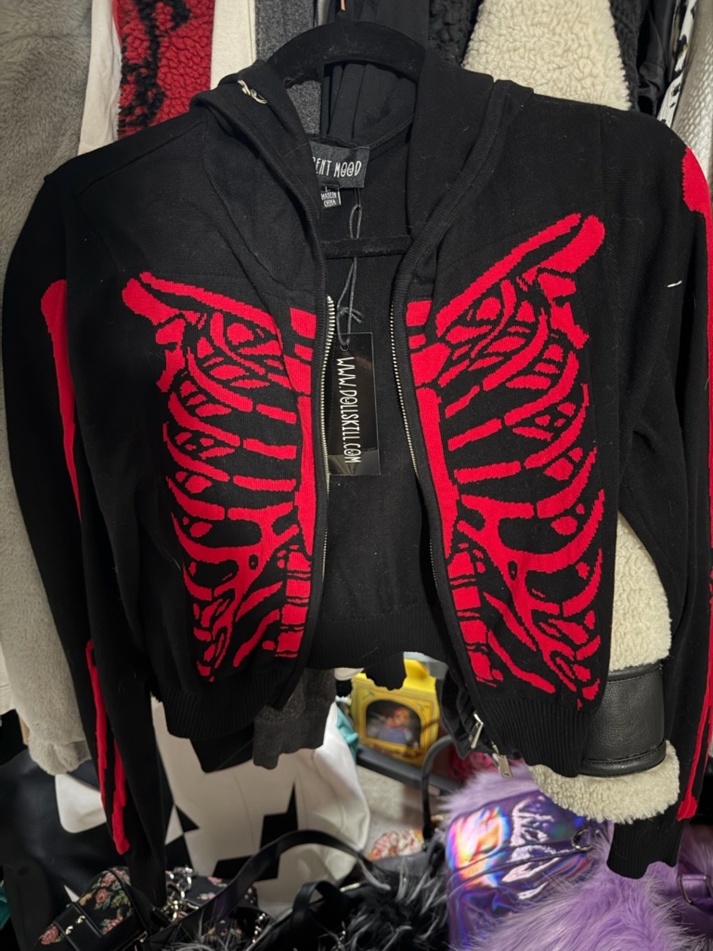 Dolls kill current mood red crop skeleton hooded sweater
